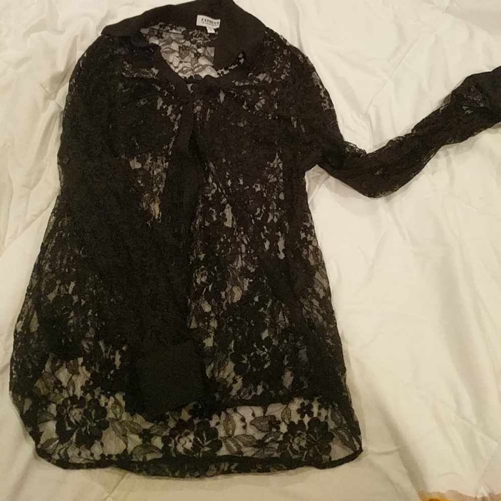 Sheer portofino shirt in black lace